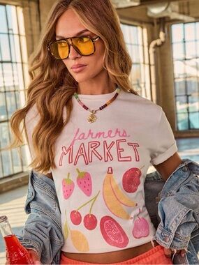 Vici White Farmers Market Fruit Graphic Crop Tee